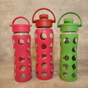 Lifefactory Bottle Lot 3 Glass Water Bottles Silicon Sleeve Pink Green 14 & 20OZ